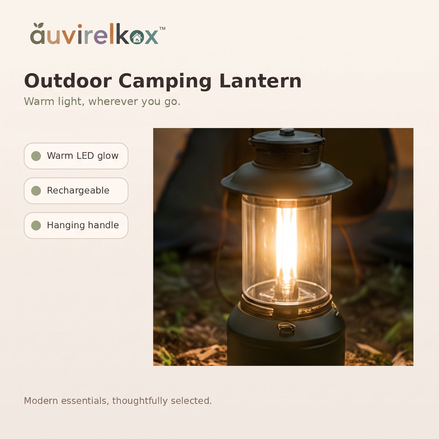 Rechargeable Outdoor Camping Lantern, Warm LED Tent Light with Hanging Handle and Portable Glow