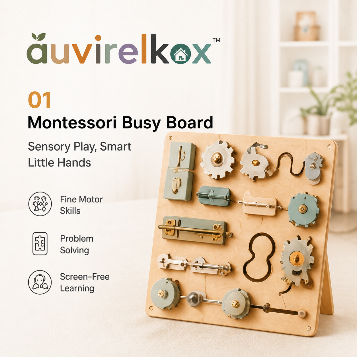 Montessori Wooden Busy Board for Toddlers, Fine Motor Sensory Activity Board and Travel Learning Toy