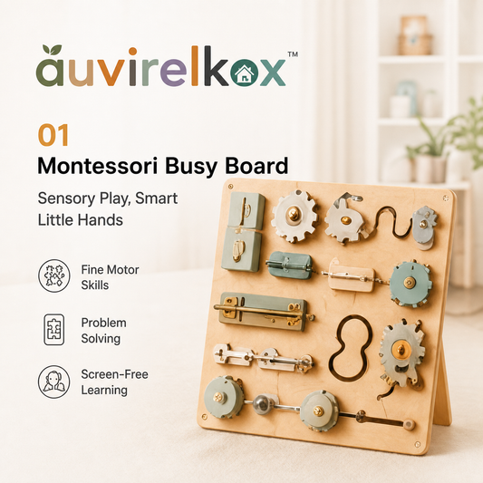 Montessori Wooden Busy Board for Toddlers, Fine Motor Sensory Activity Board and Travel Learning Toy