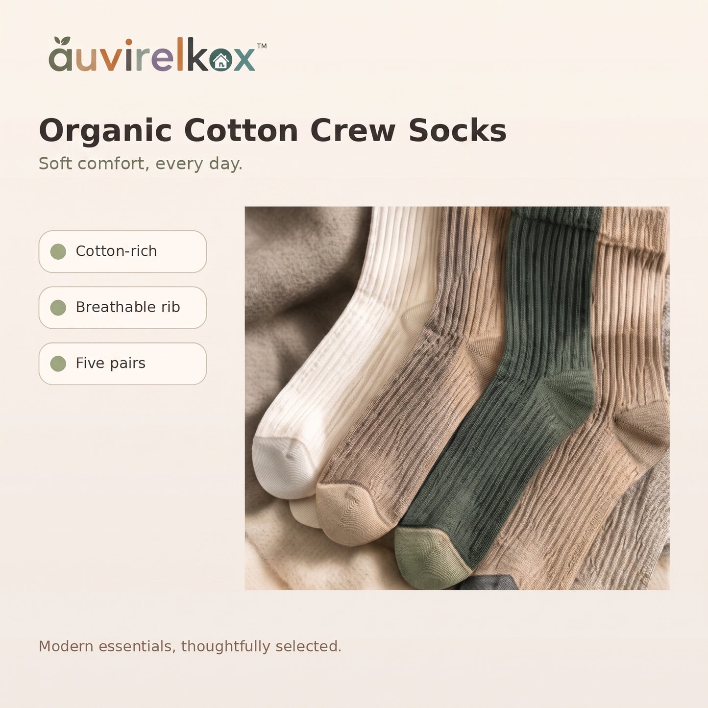 Organic Cotton Crew Socks 5-Pack, Breathable Ribbed Everyday Socks in Neutral Colors