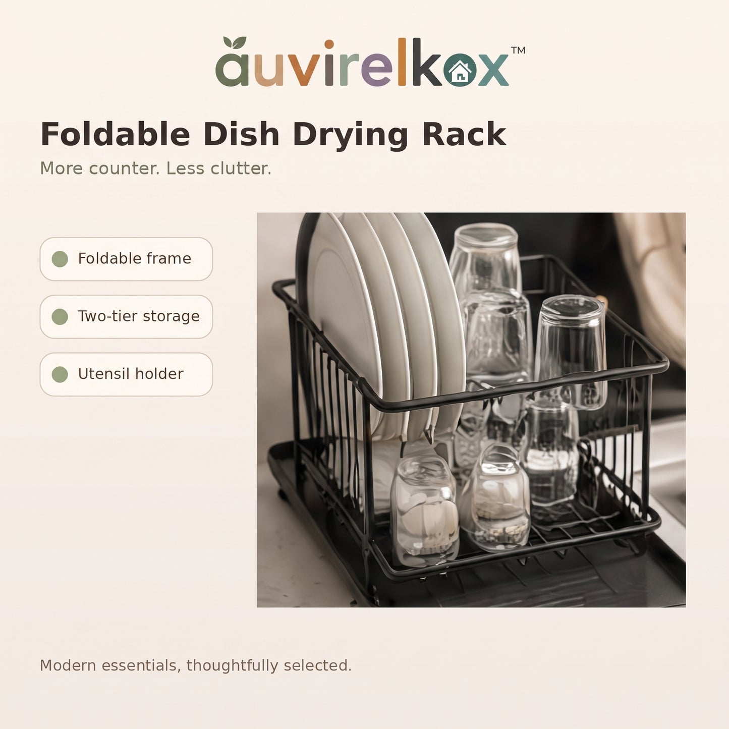 Foldable Dish Drying Rack, 2-Tier Countertop Drainer with Utensil Holder and Space-Saving Storage