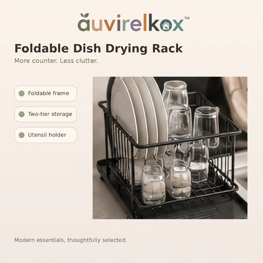 Foldable Dish Drying Rack, 2-Tier Countertop Drainer with Utensil Holder and Space-Saving Storage