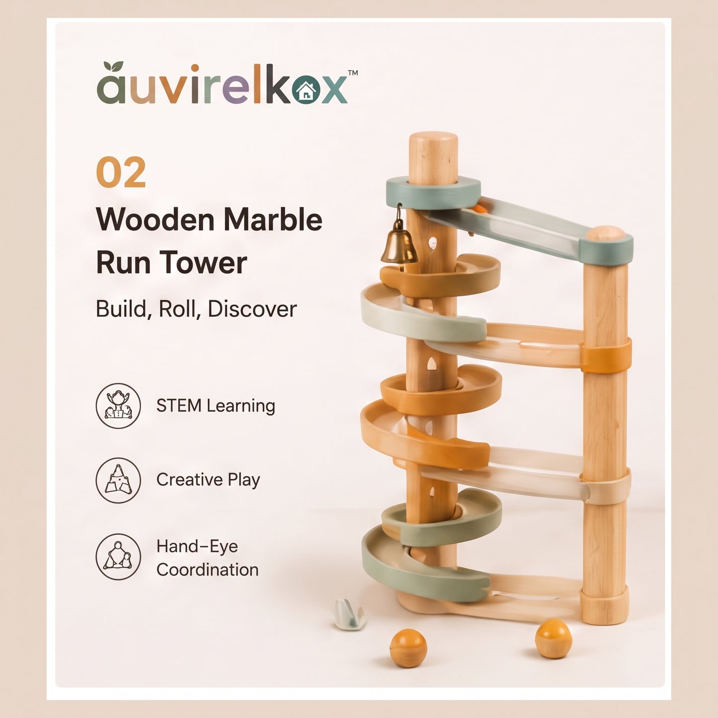 Wooden Marble Run Tower for Kids, Montessori Ball Track STEM Toy and Hand-Eye Coordination Gift